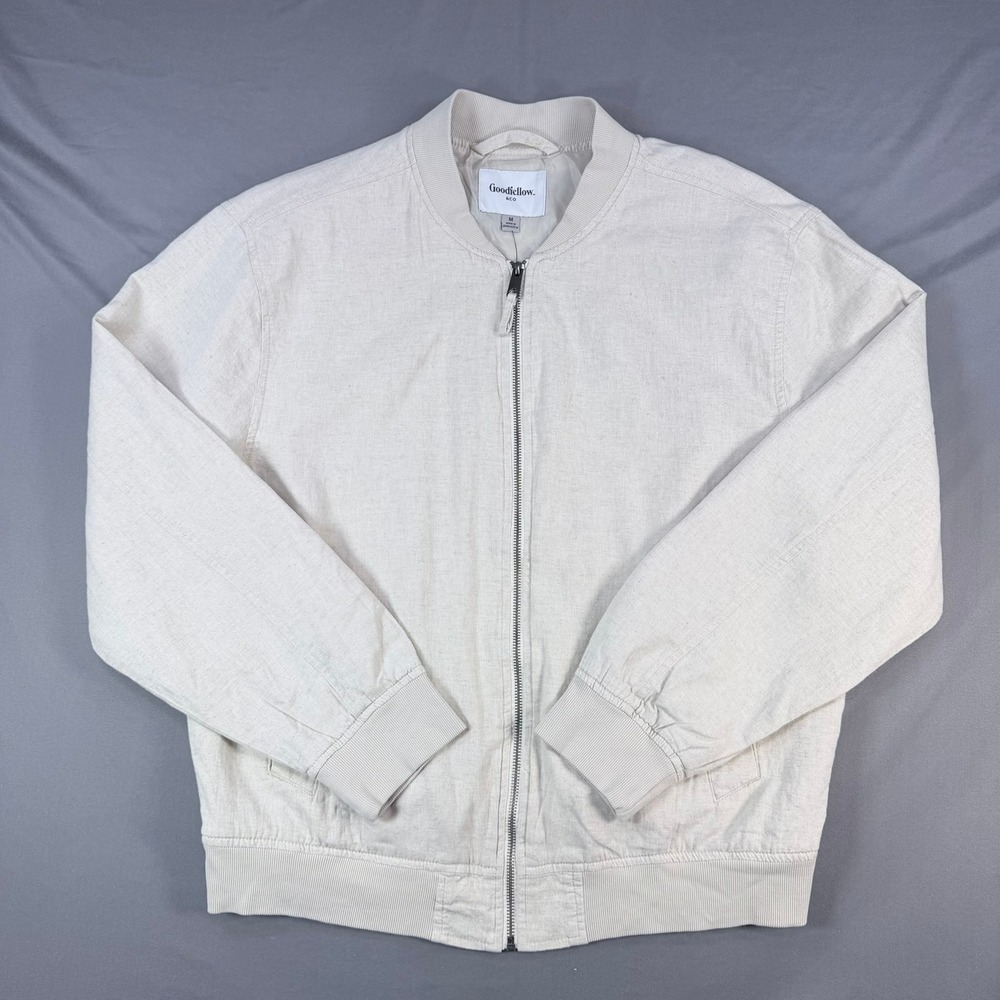 Goodfellow Mens M Tan Cotton Linen Varsity Jacket Full Zip Lightweight Bomber